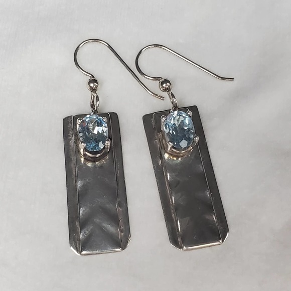 Hand Forged Sterling Silver Dangle Rectangle Earrings with Blue Topaz - Picture 10 of 13